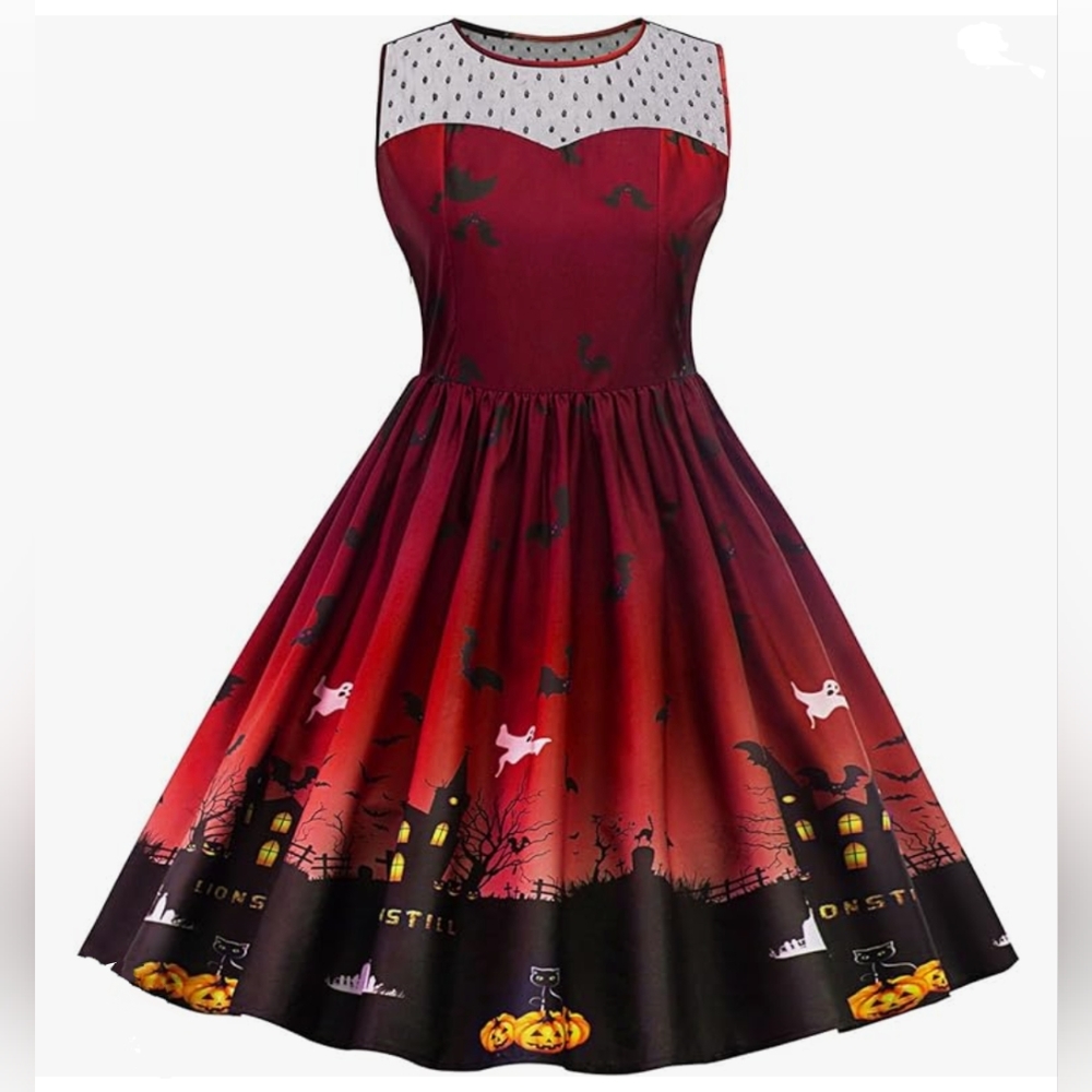 Halloween Vintage Style Ombre Swing Dress Sleeveless Swiss Dot Neckline Retro